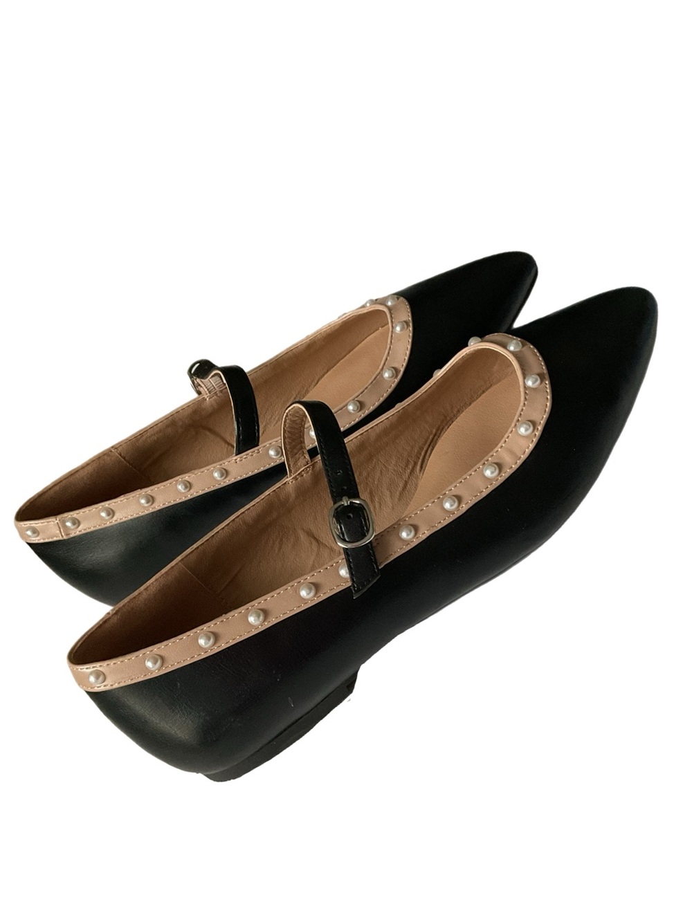 Michael Shannons Rosalina 9 Black & Taupe Pearl studded MaryJane Flats Like new
